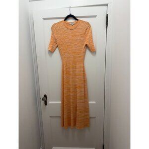 Staud Orange Knit Short-Sleeve Midi Dress Textured Slim Fit Size Small